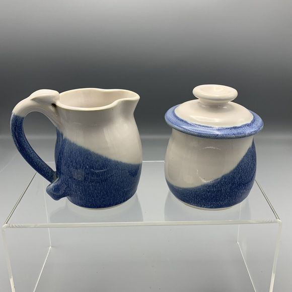 Vintage Anne Bray Original Blue White Gazed Creamer and Sugar Pottery Set Signed